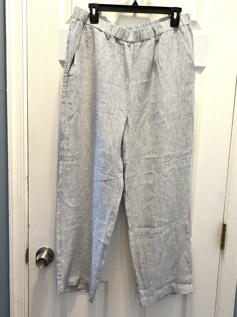 Quince Linen Pants Women's Large Striped Ankle Straight Leg Pull On Pockets